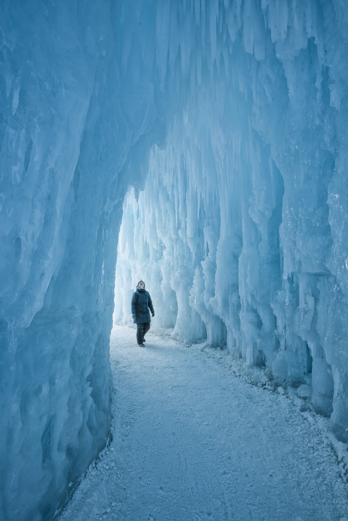 A person inside an ice castle in Lake George in Upstate New York