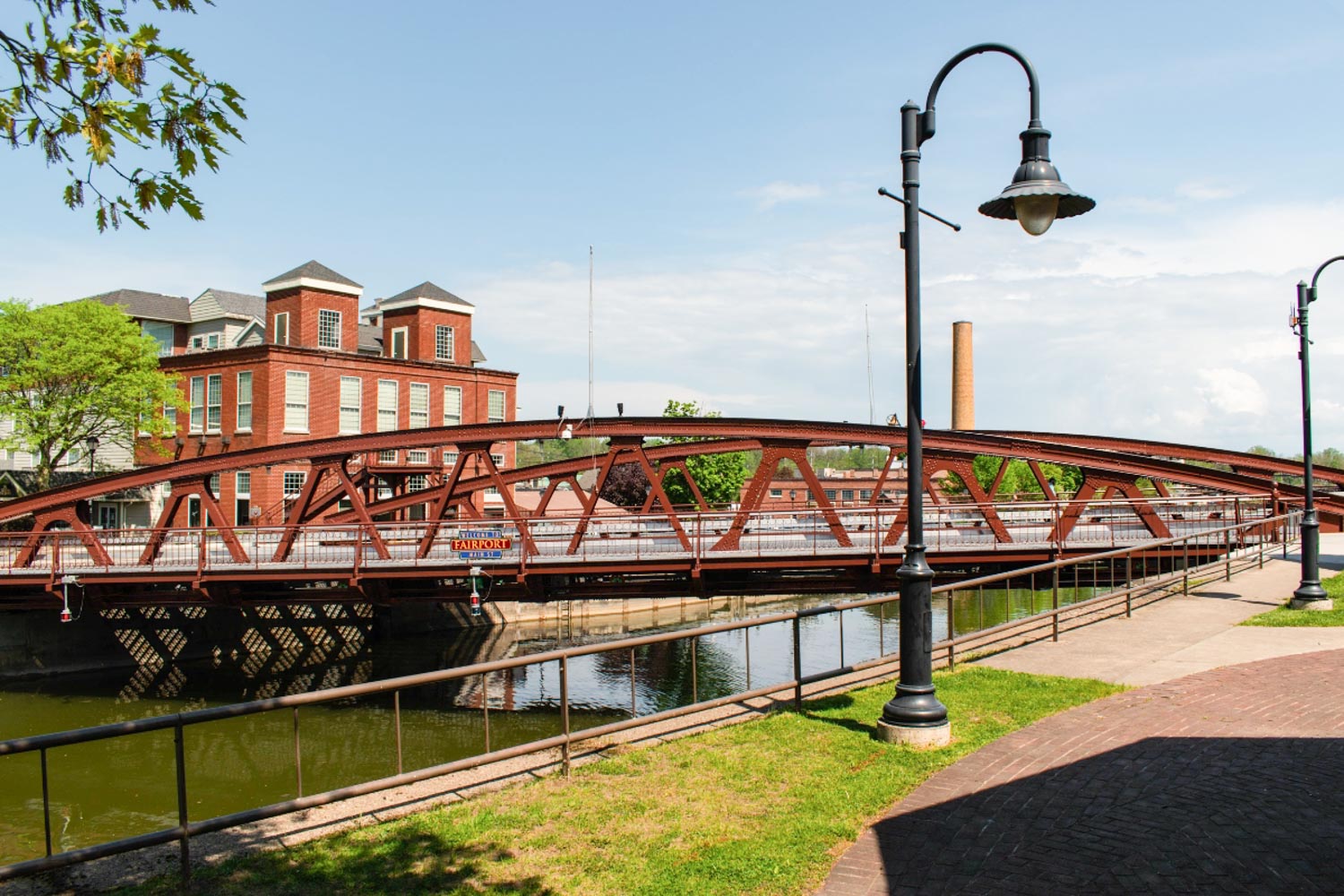 A red bridge over the Erie Canal in Fairport, Western New York.