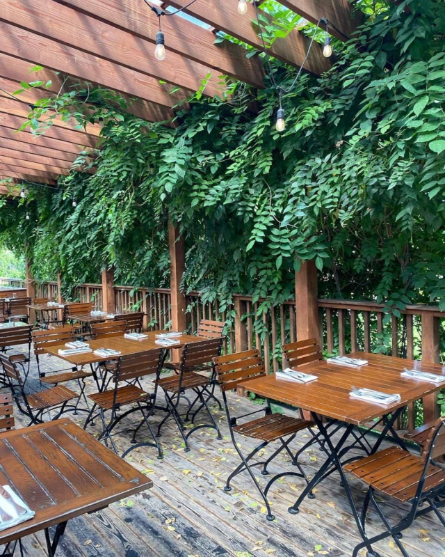 The outdoor dining area of SILVIA with plants.